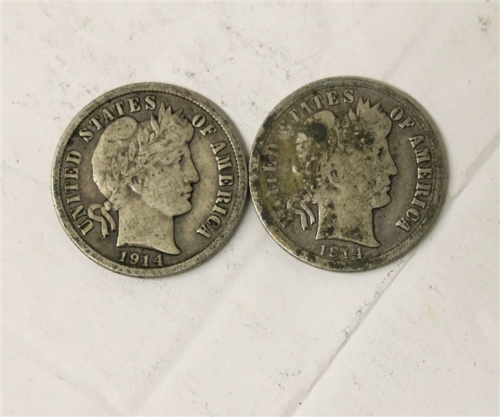 2 -1914 D Silver Barber Dimes 