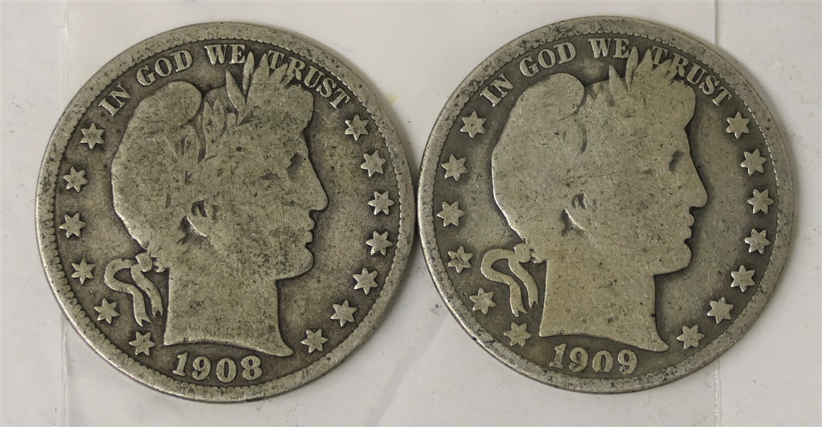 1908 D and 1908 Silver Barber Half Dollars 