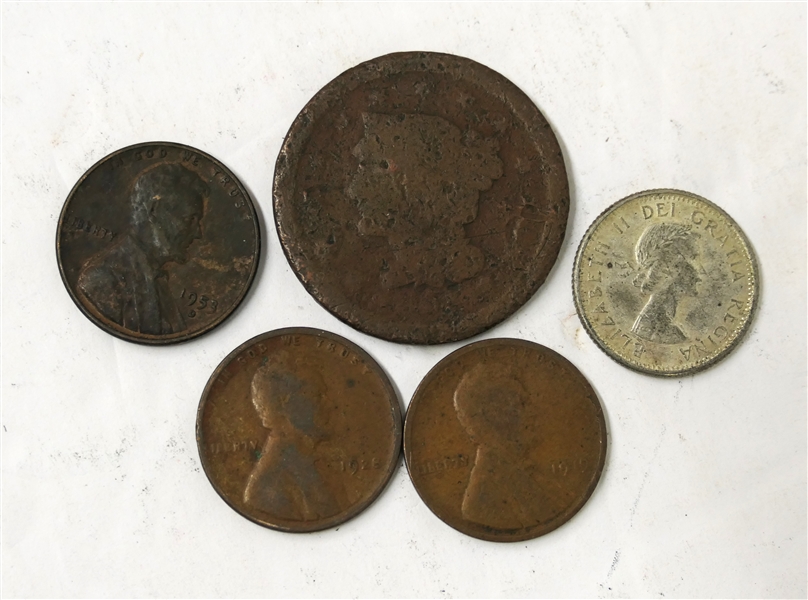 Large One Cent Piece, 3 Wheat Pennies, and 1960 Canadian Coin 