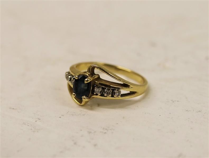 14kt Yellow Gold Sapphire Ring with 6 Accent Diamonds Size 6 1/2 - Weighs 3.1 Grams