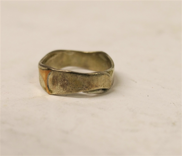 Artisan Made Sterling Silver and 18kt Yellow Gold Ring - Signed in Script Inside - Size 8 1/4 - Weighs 4.3 Grams