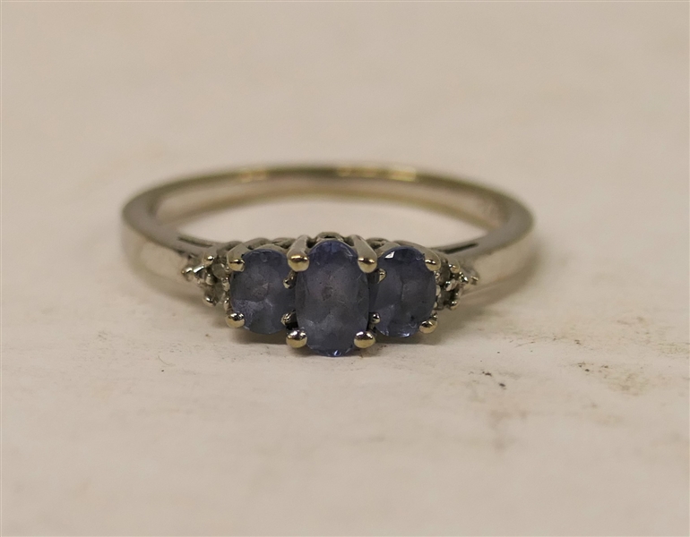 10kt White Gold Ring with 3 Tanzanite Stones and 2 Accent Diamonds - Size 6 3/4 - Weighs 2.4 Grams 