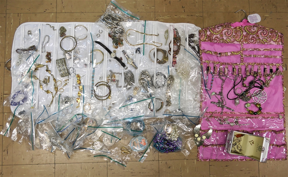 Large Lot of Jewelry Including Some Sterling Silver, Sterling Silver Jointed Bear Pendant, Costume, Watches, Beaded Necklaces, Bangle Bracelets, Amber Pendant, Key Chains, Etc.