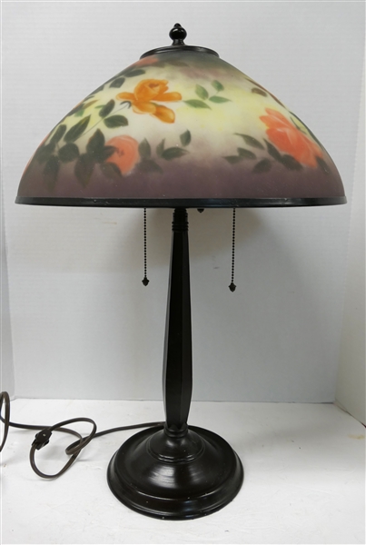 Modern Reverse Painted Table Lamp with Bronze Base - Reverse Painted Coral and Orange Roses - Lamp Measures 25" Tall 