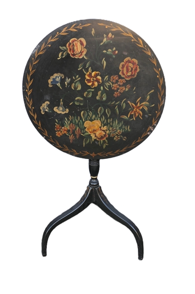 Pretty Black Hand Painted Floral Tilt Top Tea Table - Table Measures 26" Tall 20" Across