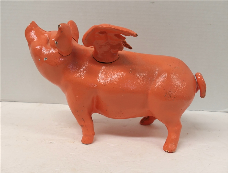 Cast Iron Flying Pig Bank - Pig Measures 8 1/4" tall 13" Long