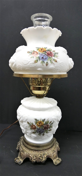 White Milk Glass Gone With The Wind Style Lamp with Applied Floral Decoration - Lamp Measures 18" Tall 