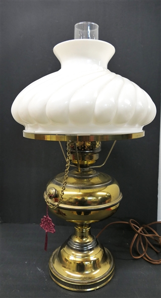 Brass Oil Lamp Style Electric Lamp with Milk Glass Swirl Shade - Lamp Measures 22" Tall 