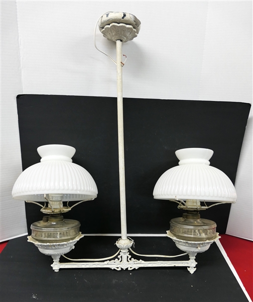 Iron Double Hanging Oil Lamp with Ribbed Milk Glass Shades - Has Been Electrified - Painted White - Light Fixture Measures 29" tall 24" Across