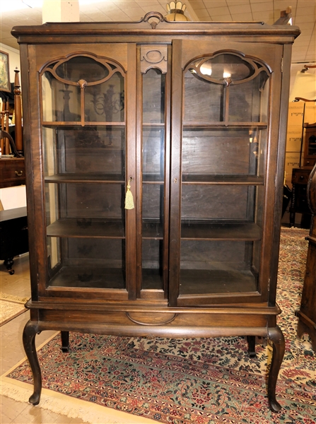 1930s Queen Anne Style Mahogany China Cabinet - Double Glass Doors and Glass Sides - 3 Shelves with Plate Grooves -Shell Accents on Tope Crest and Doors -  Cabinet Measures 63" Tall 43" by 17" 