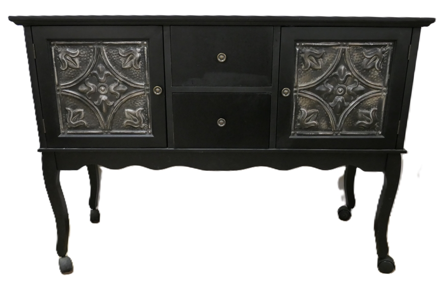 Black Rolling Stand with 2 Cabinets and 2 Drawers - Tin Panels on Doors - Stand Measures 35" Tall 48" by 18" 