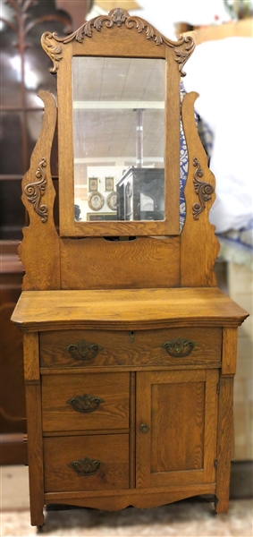 Oak Serpentine Front Washstand with Mirror - 1 Drawer Over 2 Drawers and Cabinet - Wash Stand Base Measures 30 1/2" Tall 30" by 19"  With Mirror Measures 71" Tall 