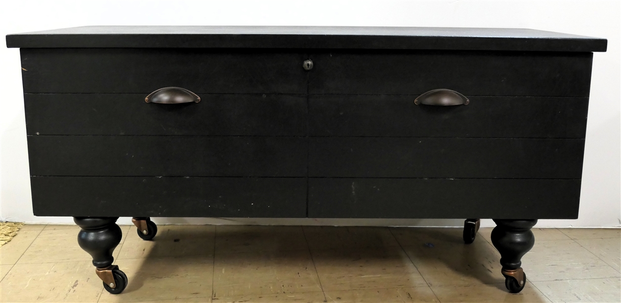 Black Painted Lane Cedar Chest on Legs with Castors - Cup Pulls on Front - Original Lane Paper On Lid - Chest Measures 21" Tall 43 1/4" by 16 3/4" 