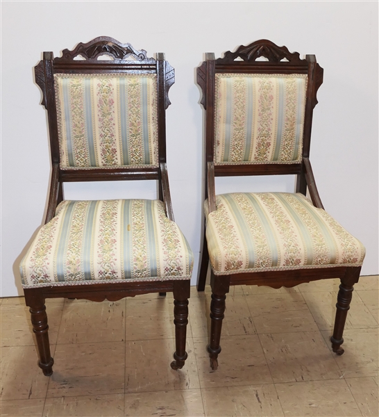 2 Victorian Parlor Chairs with Pretty Floral Upholstery - Castors on Front Legs 