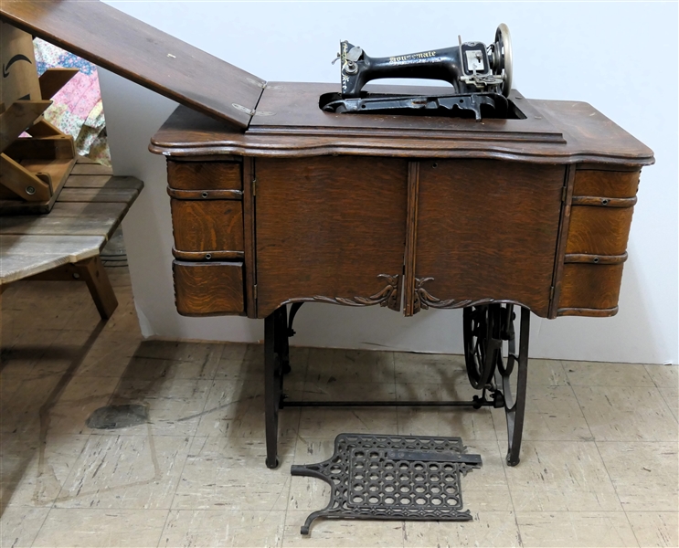 Project Sewing Machine - Nice Oak Cabinet with Metal Frame - Housemate Model V Sewing Machine - Additional Parts and Pedals 