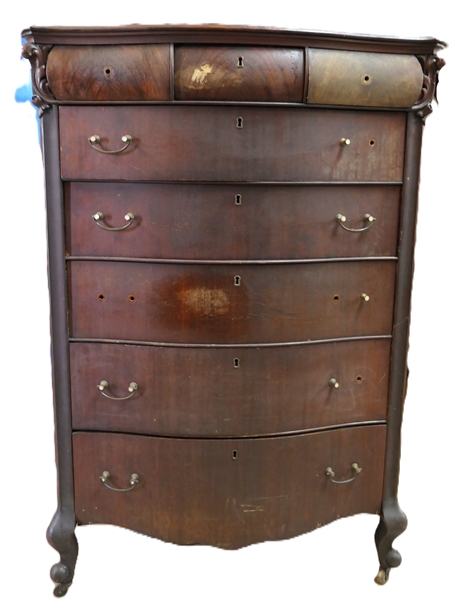 French Style 1930s Chest of Drawers - Mahogany Finish - Rolled Top Drawer Over 5 Drawers - Serpentine Front - Unusual Foot - Chest Measures 48 1/2" Tall 37" by 19 1/2" 