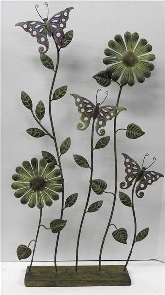 Metal Art Flowers and Butterflies - Sculpture Measures 35" Tall 