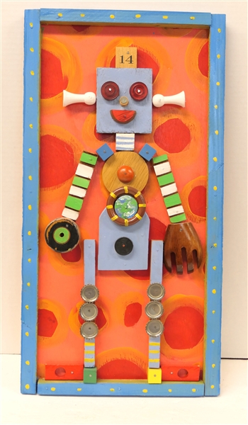 Folk Art Found Object Robot - Hand Painted - Plaque Measures 23" by 12" 