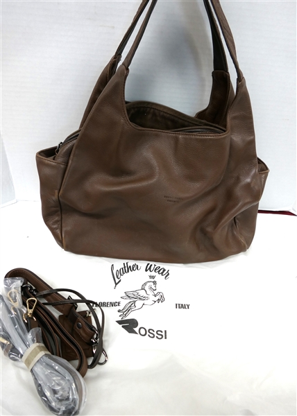 Rossi Made in Florence Italy Fine Brown Leather Purse with Dust Cover - Additional Shoulder Strap Inside - Some Wear At Bottom Corners 