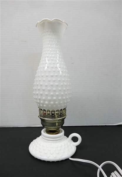 Hobnail Milk Glass Finger Oil Lamp Style Lamp  Milk Glass Base and Chimney - Lamp Measures 13 1/2" Tall 