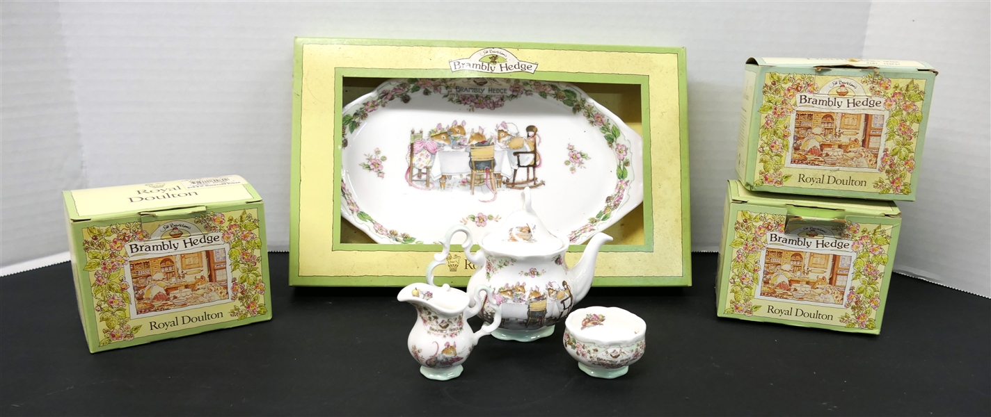 Royal Doulton "Brambly Hedge" Childs Tea Service - Under Plate, Tea Pot, Open Sugar Bowl, and Creamer - All With Original Boxes 