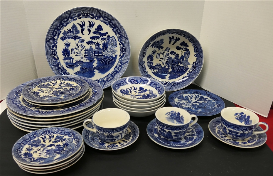 26 Pieces of Made in Japan Blue Willow China - Platter, Dinner Plates, Bowls, Cups & Saucers