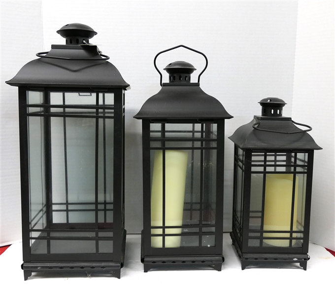 3 Graduating Metal and Glass Candle Lanterns - 2 with Pillar Candles - Largest  20"  New with Tags Smallest 14" 