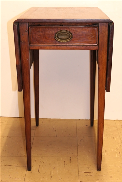 Mahogany Drop Side Tapered Leg Tea Table with Drawer - Table Measures 26" tall 23" by 14" - Leaves Measures 11" - One Side Support Missing 