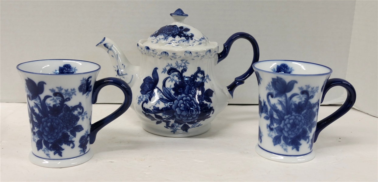 Blue and White Porcelain Tea Pot and 2 Mugs 