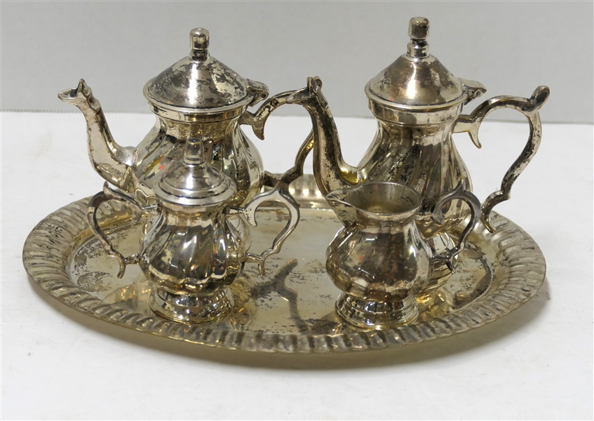 Childs Silverplate Tea Service - Made in India - Tea Pot, Coffee Pot, Cream, and Sugar - Tray Measures 10" by 7" 