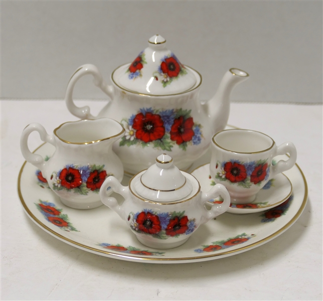 Blue Waters of England Staffordshire Bone China - Childs Tea Set - White Background with Red Poppy Flowers - Underplate, Tea Pot, Cream, Sugar, and Cup & Saucer Set - Under Plate Measures 6" Across