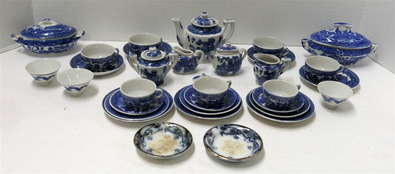 Occupied Japan Childs Blue Willow Tea Set,  2 Transferware Japan Bule Willow Miniature Tureens, and 2 Staffordshire England Saucers