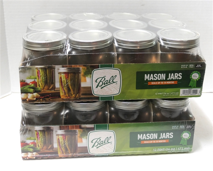 2 Boxes of 12 - Ball Wide Mouth Mason Jars - Pint Size - New Plastic Sealed