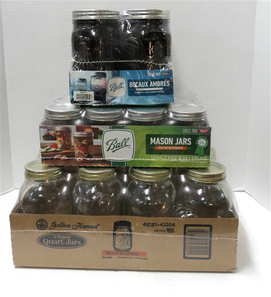 3 Boxes of Jars - 4 Amber Quart Jars, 12 Clear Half Pint Jars, and 12 Clear Quart Jars - All Plastic Sealed 