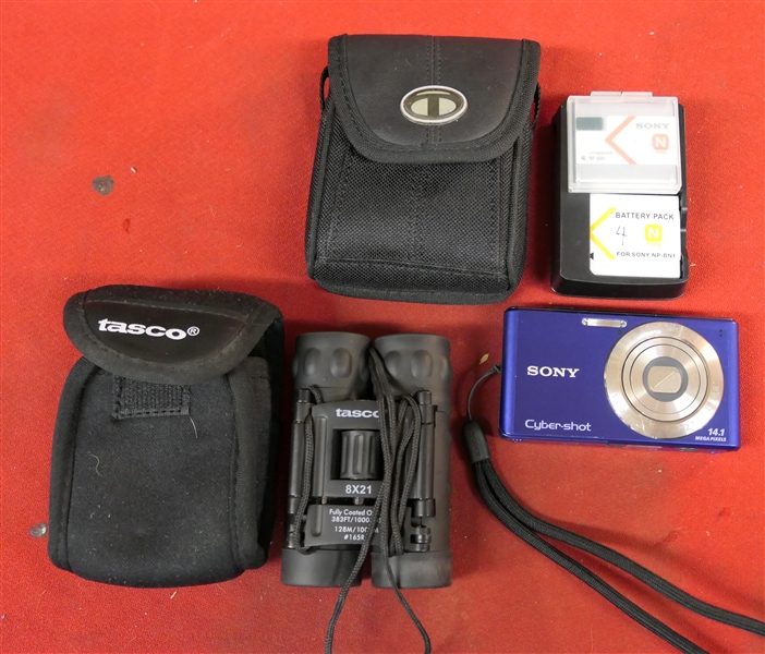 Sony 14mp Digital Camera - 2 Batteries and Charger and Tasco 8 x 21 Binoculars in Soft Case