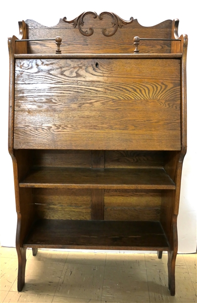 Oak Larkin Desk - Drop Front with Divided Interior Open Gallery Top and Open Shelves at Bottom - Desk Measures - 54" Tall 30" by 12" 