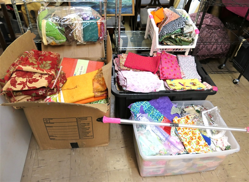 Huge Lot of High Quality Quilting Fabrics - Hundreds of Pieces and Patterns - 2 Storage Totes Full, Box Full, Bag Full, and Basket Full -All Colors, Seasons, and Activities