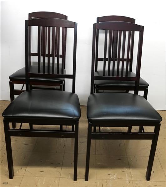 4 Mahogany Finish Folding Chairs with Black Vinyl Seats 