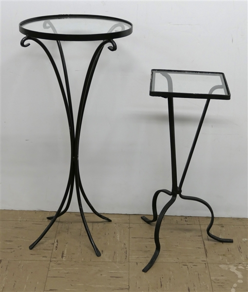 2 - Glass Top Iron Tables - Round Table Measures 26 1/2" Tall 12" Across Smaller Square Measures 20 1/2" Tall 9" by 9"