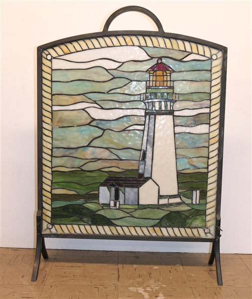 Light House Leaded Glass Fireplace Screen - Light House and Ocean Scene in Iron Stand - Measures 30" Tall 24" Across Not Including Handle