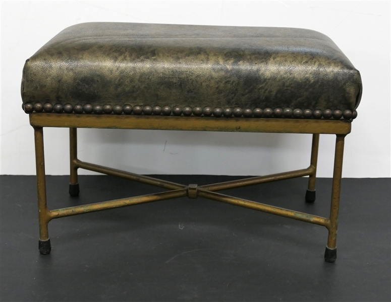 Gold Painted Iron Foot Stool with Metallic Upholstered Top - Nail Head Trim - Measures s9" Tall 14" by 8" 