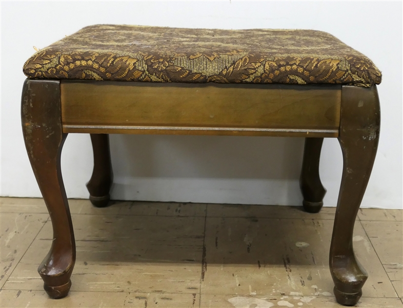 Queen Anne Style Foot Stool with Gold Brocade Upholstery - Stool Measures 10" Tall 14" by 12" 