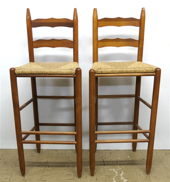 Pair of Nice Oak Rush Bottom Bar Stools - Each Measures 30" To Seat 