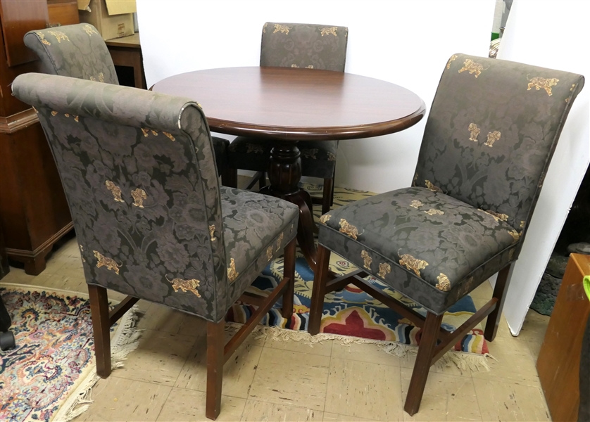 Round Mahogany Pedestal Base Table with 4 Matching Upholstered Chairs - Charcoal Gray Upholstery with Embroidered Tigers - Table Measures 29" Tall 42" Across