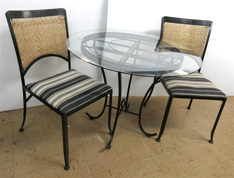 Round Iron Glass Top Table with 2 Cane Back Chairs with Upholstered Seats - Table Measures 29" Tall 36" Across