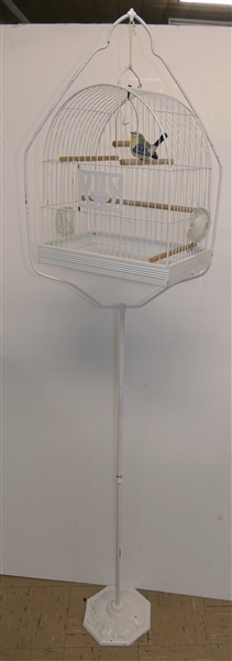 Nice Hendrix Hanging Bird Cage with Iron Stand - Fancy Base - With Glass Food and Water Bowls - Stand Measures 68" tall Cage Measures 15" tall 14" by 9" 