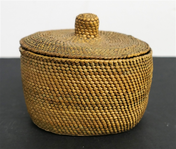 1930s Northwestern Native American Trinket Basket with Lid - Finely Woven with Pink, Purple, and Green Dyed Bands - Basket Measures 2 1/2" Tall with Lid 4" Across