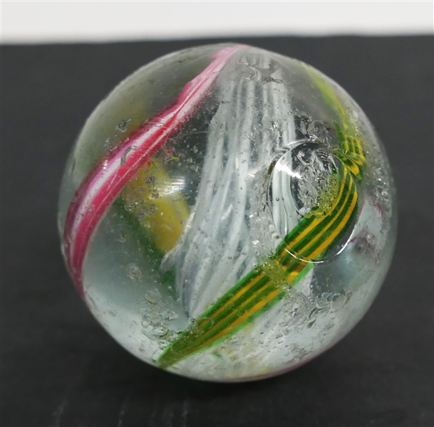 German Latticinio Swirl Large Marble - White Center with Pink, Yellow, and Green Swirls - Marble Measures 1 3/4" Across