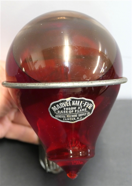 Marvel Automatic Kill - Fyr General Machine Supply Co. Camden NJ - Fire Extinguisher with Original Glass Chemical Filled Bulb - Blub Has Original Paper Label - Holder Measures 4 1/2" Long