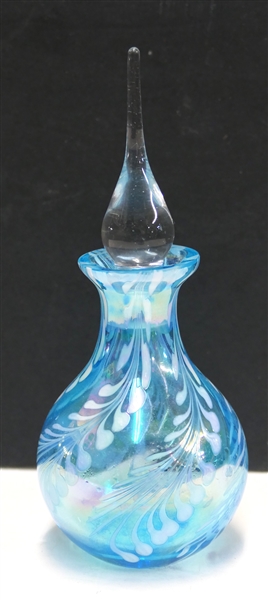 Pretty Blue Iridescent Glass Perfume Bottle with Fern Leaf Design - Tear Drop Stopper - Bottle Measures 6" tall